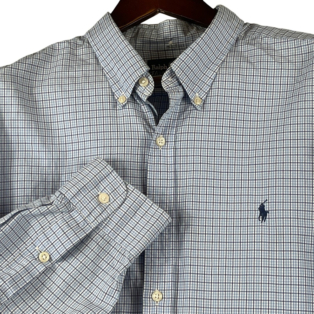 Ralph Lauren Vintage Button Down Shirt XXL Blue White Plaid Two Ply Cotton